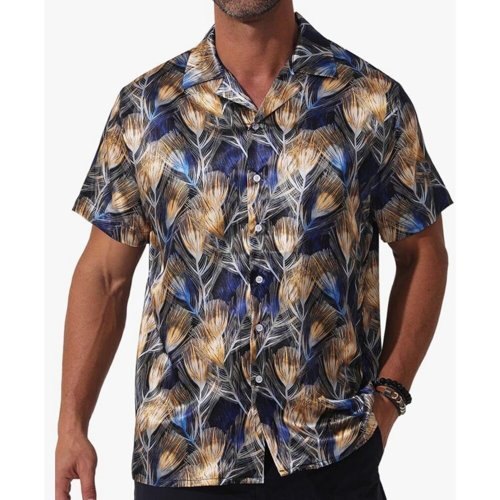 Men Satin Printed Dress Shirt Cuban Collared Casual Short Sleeve Size M